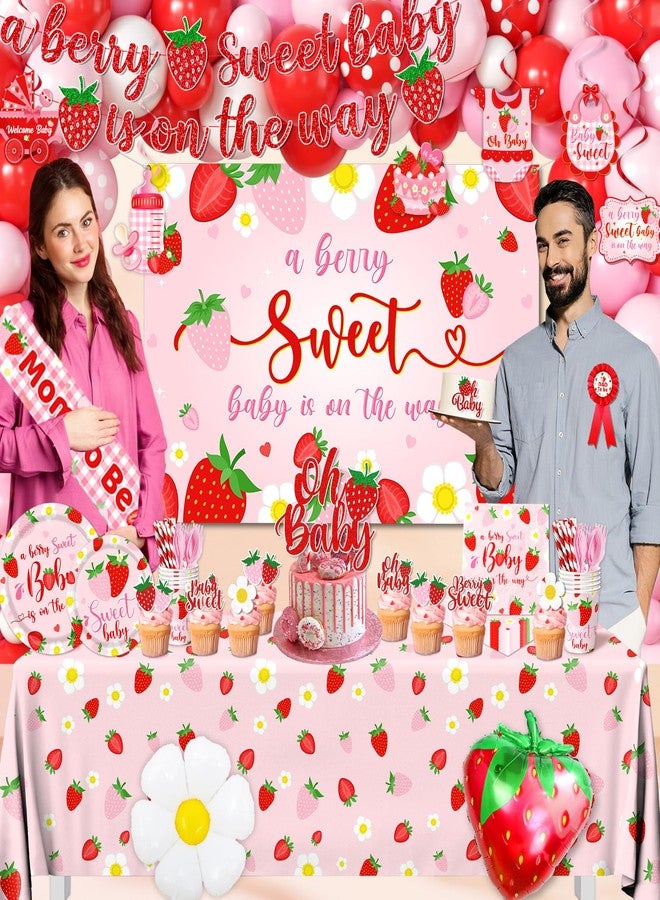 ILUIGGW Strawberry Baby Shower Decorations, Berry Sweet Baby Shower Decorations with A Berry Sweet Baby Is On The Way Backdrop Cake Topper Strawberry Plates Balloon Arch Box for Baby Girl - Image 2